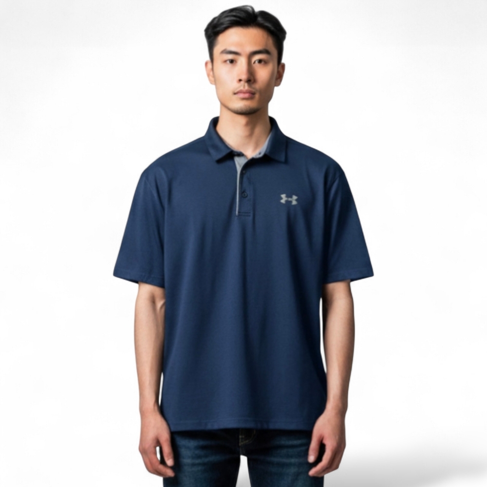 Under Armour Loose Fit Navy Blue Gray Trim Short Sleeve Polo Shirt Men's Small